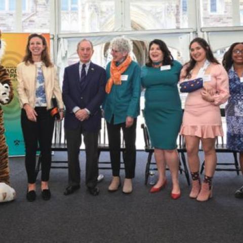 Emma Bloomberg, a 2001 Princeton graduate and founder and CEO of Murmuration; Michael R. Bloomberg, founder of Bloomberg Philanthropies and Bloomberg LP and 108th mayor of New York City; Jill Dolan, dean of the college, Khristina Gonzalez, director of the center; and students Kaelani Burja, Alison Parish, and Hannah Faughnan. Photo by Steve Freeman