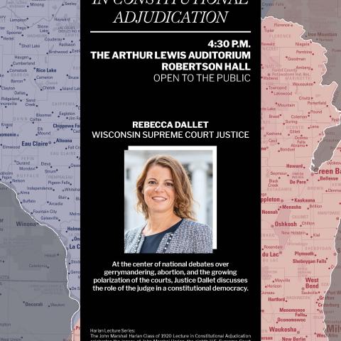 Poster for April 8 Harlan Lecture by Wisconsin Supreme Court Justice Rebecca Dallet