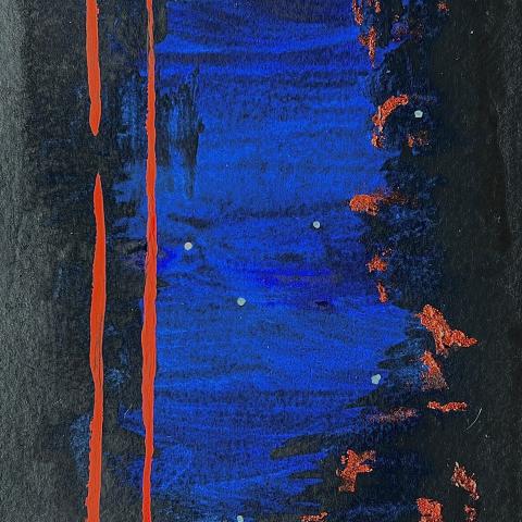 abstract painting, blue, black, and red