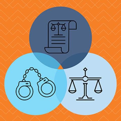 Icons of handcuffs, scroll paper and justice symbol with an orange background