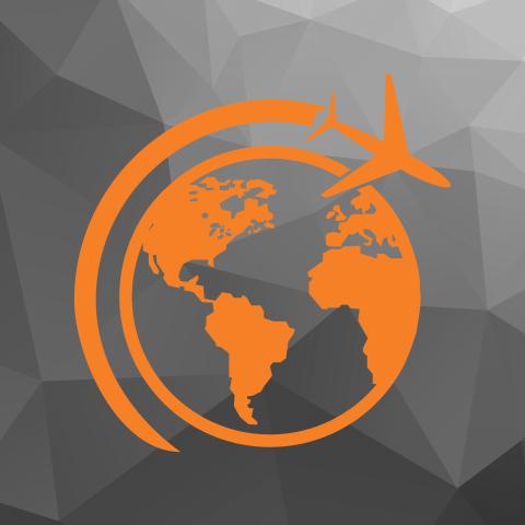 Orange world globe with orange plane circling the world