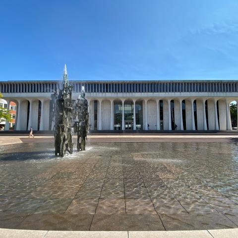 Robertson Hall with Freedom Fountain in foreground