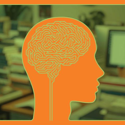 Behavioral science news story hero banner with orange head and map of brain