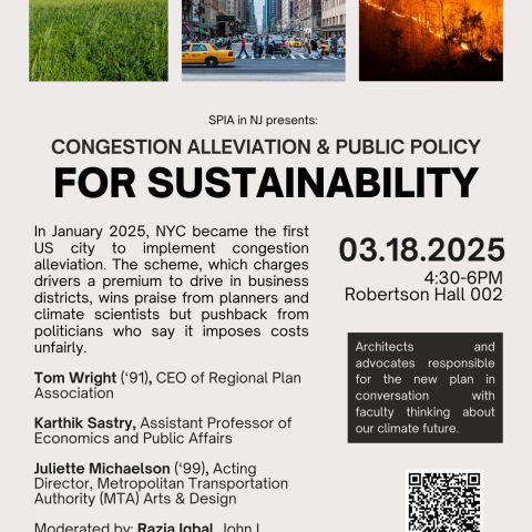 poster with talk details; graphics of greenery, NYC traffic, and wildfires.