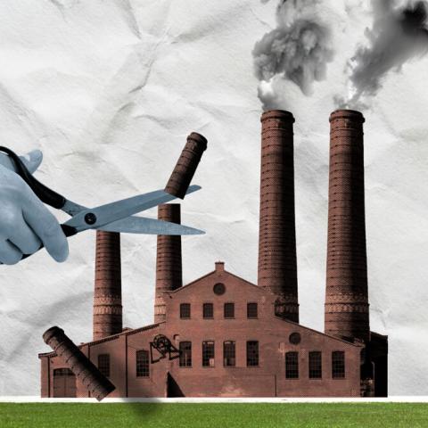Hand with scissors cutting factory smoke stack. Illustration by Bumper DeJesus.