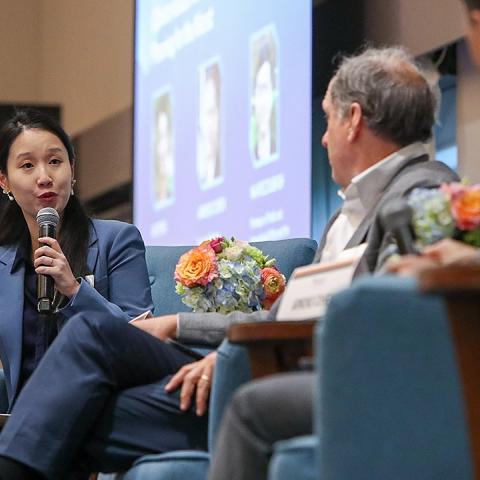 Retreat co-chair Wei Peng moderated a fireside conversation between Armond Cohen and Navroz Dubash about global progress on climate goals. Photos by Lori M. Nichols.