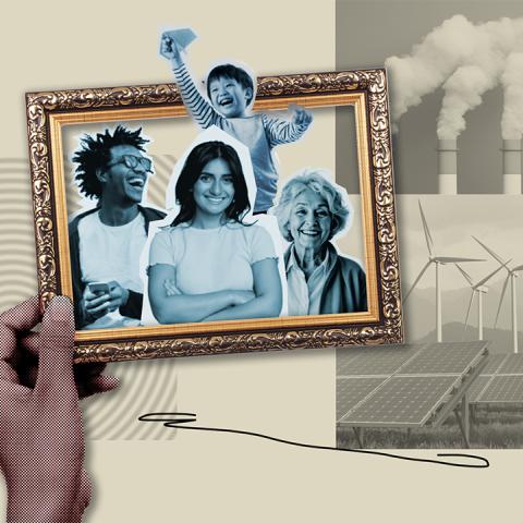 Illustration by Bumper DeJesus. Image of people in a picture frame with photos of windmills and smoke stacks in the background.