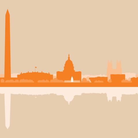 outline of Washington DC monuments and buildings in orange and beige