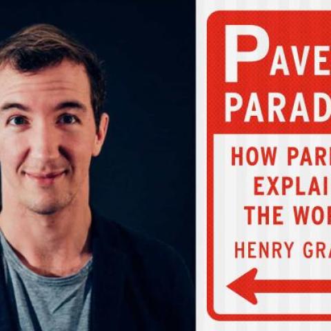 Headshot of author with book cover graphic