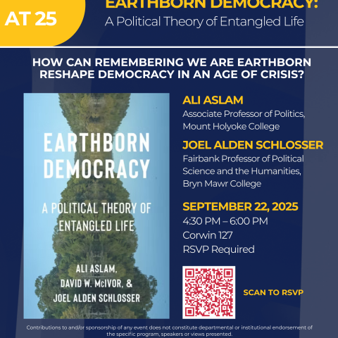 Poster of event includes headshots, event title, date, time, and moderator details.