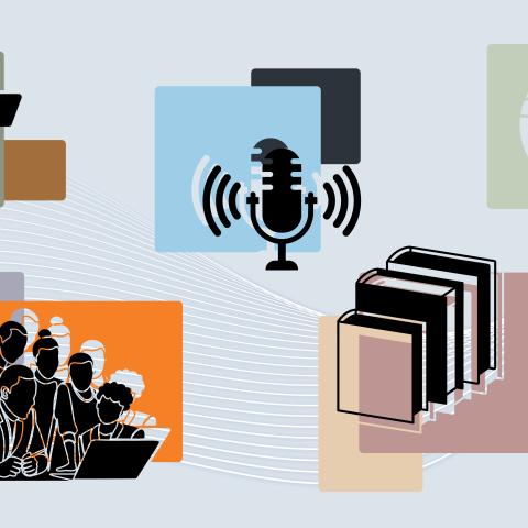 collage of microphone, books and people