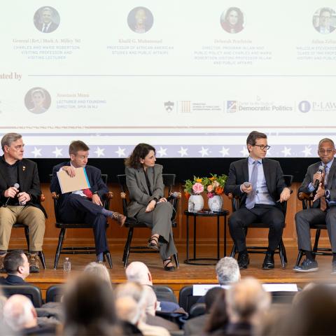 Dean Amaney Jamal, General (Ret.) Mark A. Milley ’80, Nolan McCarty, Deborah Pearlstein, Julian Zelizer, Khalil G. Muhammad, and Anastasia Mann. Photo by Sameer A. Khan/Fotobuddy