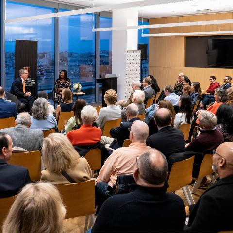 President Christopher Eisgruber is interviewed by NPR's Ayesha Rascoe on his book, Terms of Respect, at the Princeton SPIA DC Center in Washington.