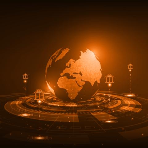 World globe with building icons. Image by Shutterstock