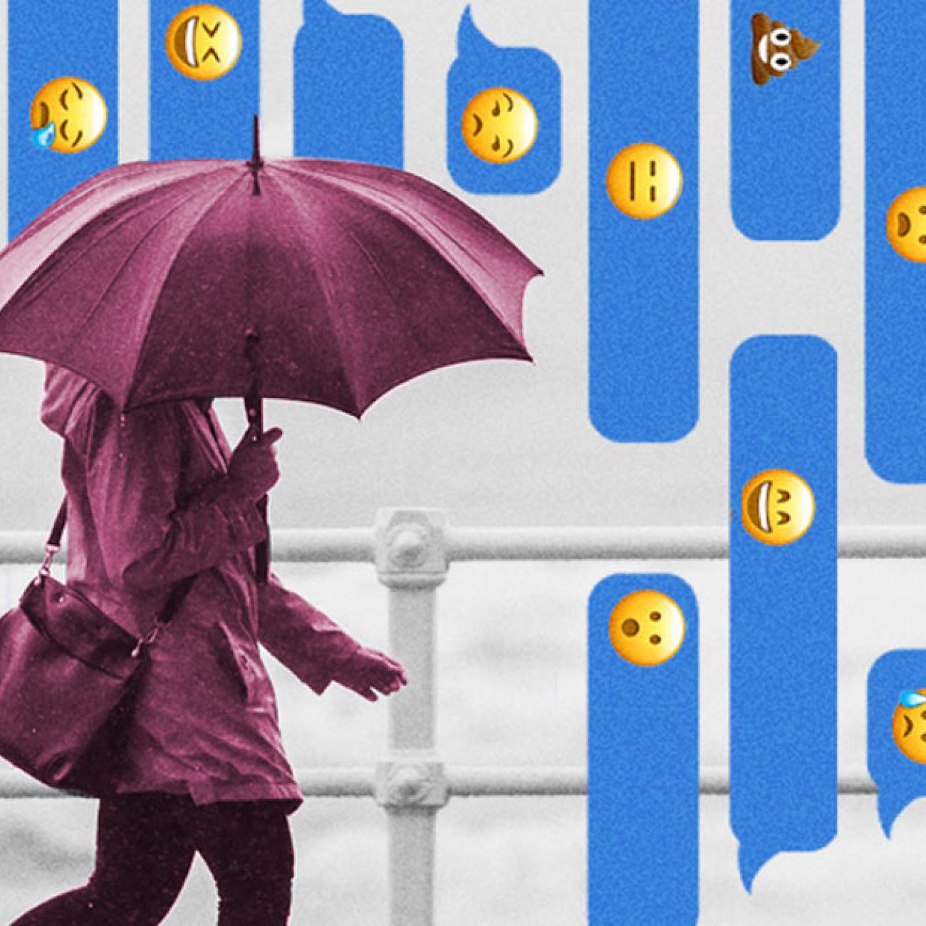 person holding umbrella with emojis in the background