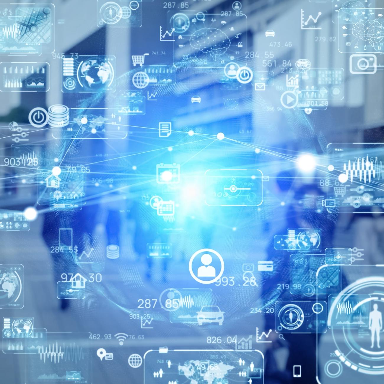 People walking in urban setting in the background with technology symbols in the foreground