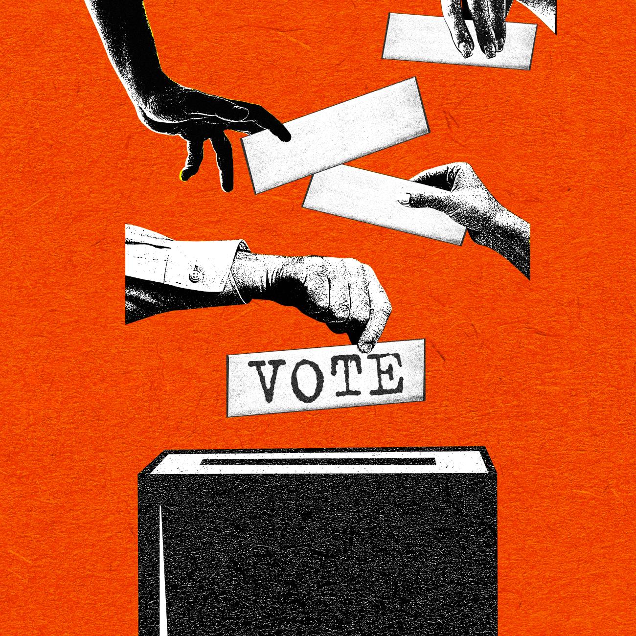 Hands placing voting papers into slotted box