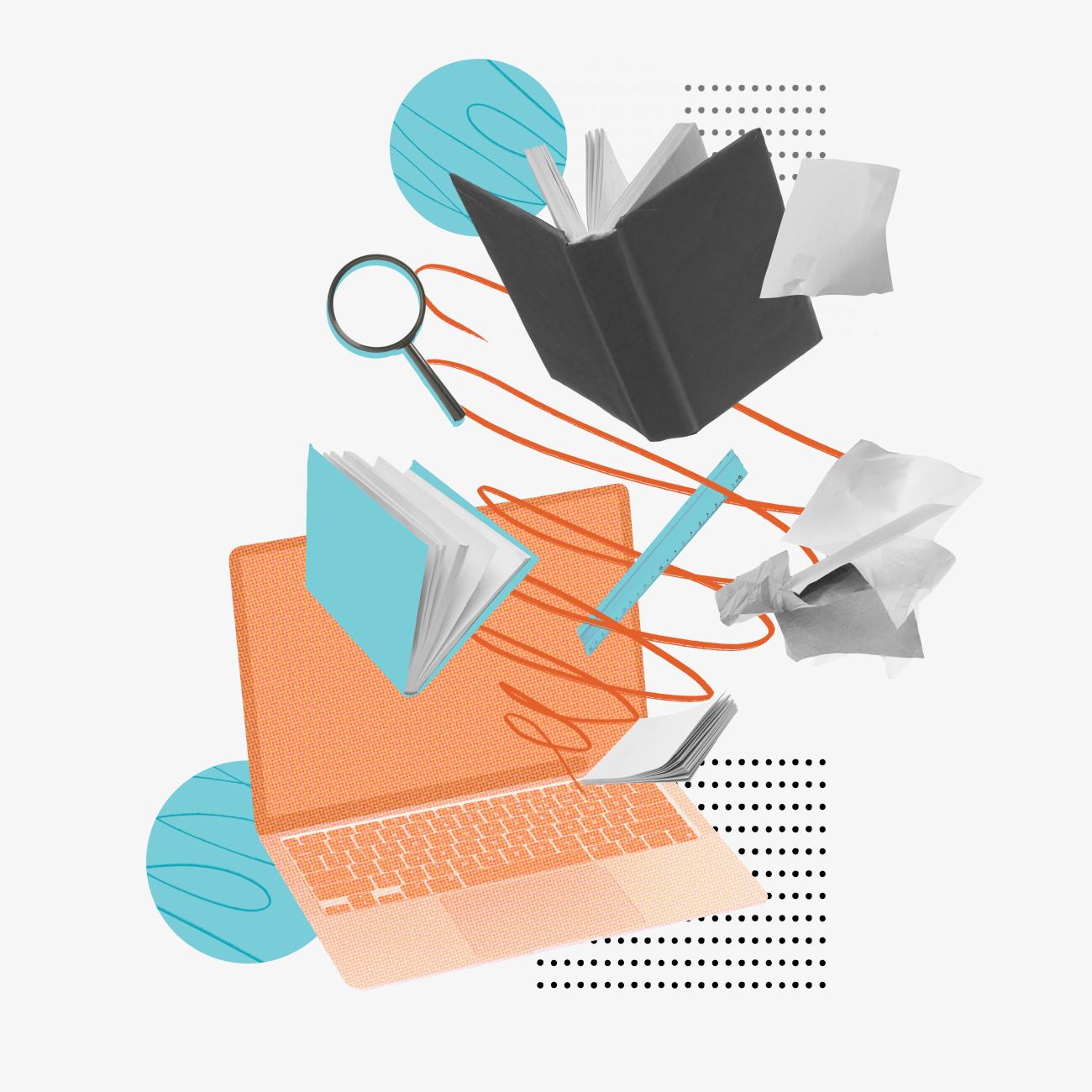 collage of education tools including laptop and book