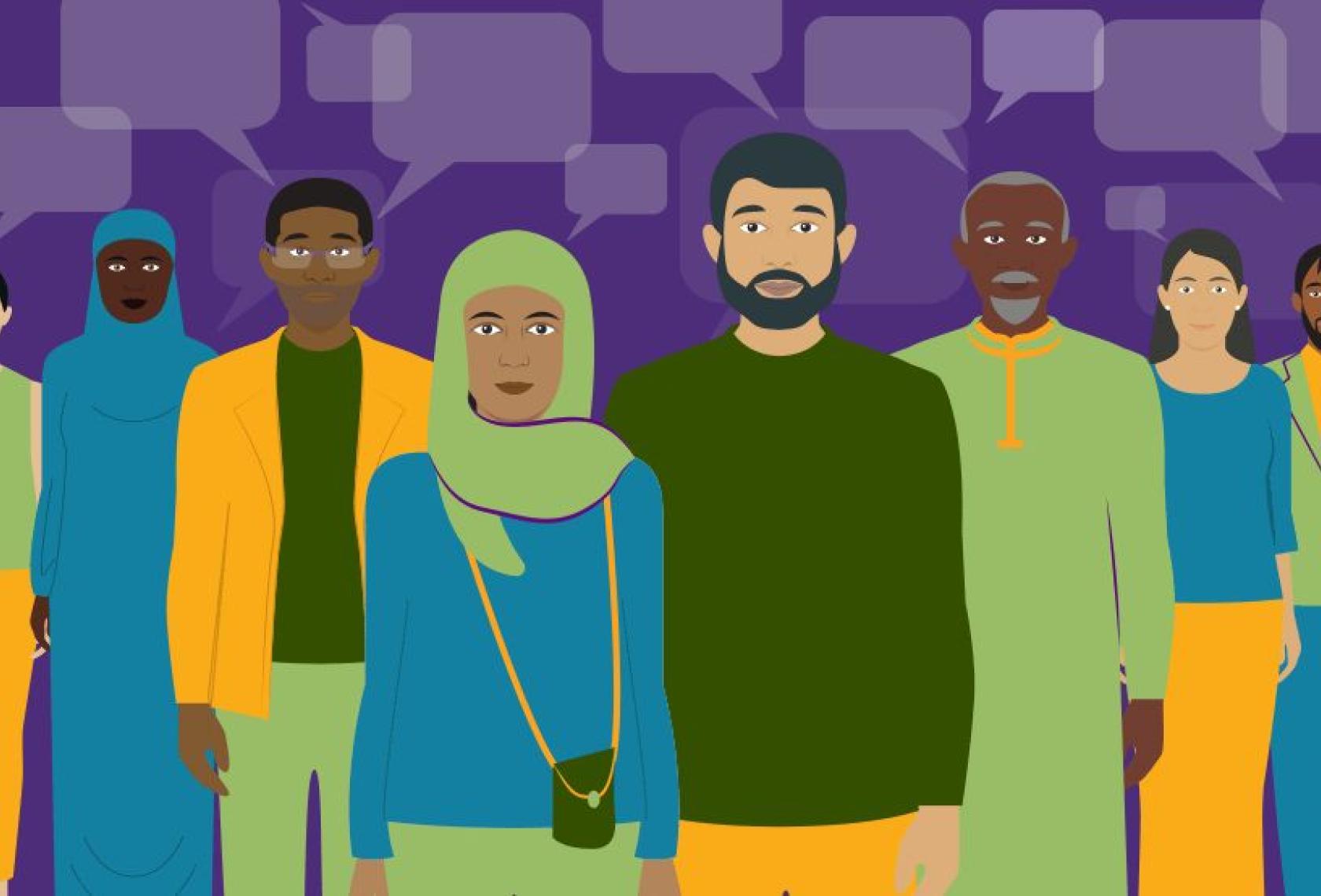 graphic of people dressed in green and blue