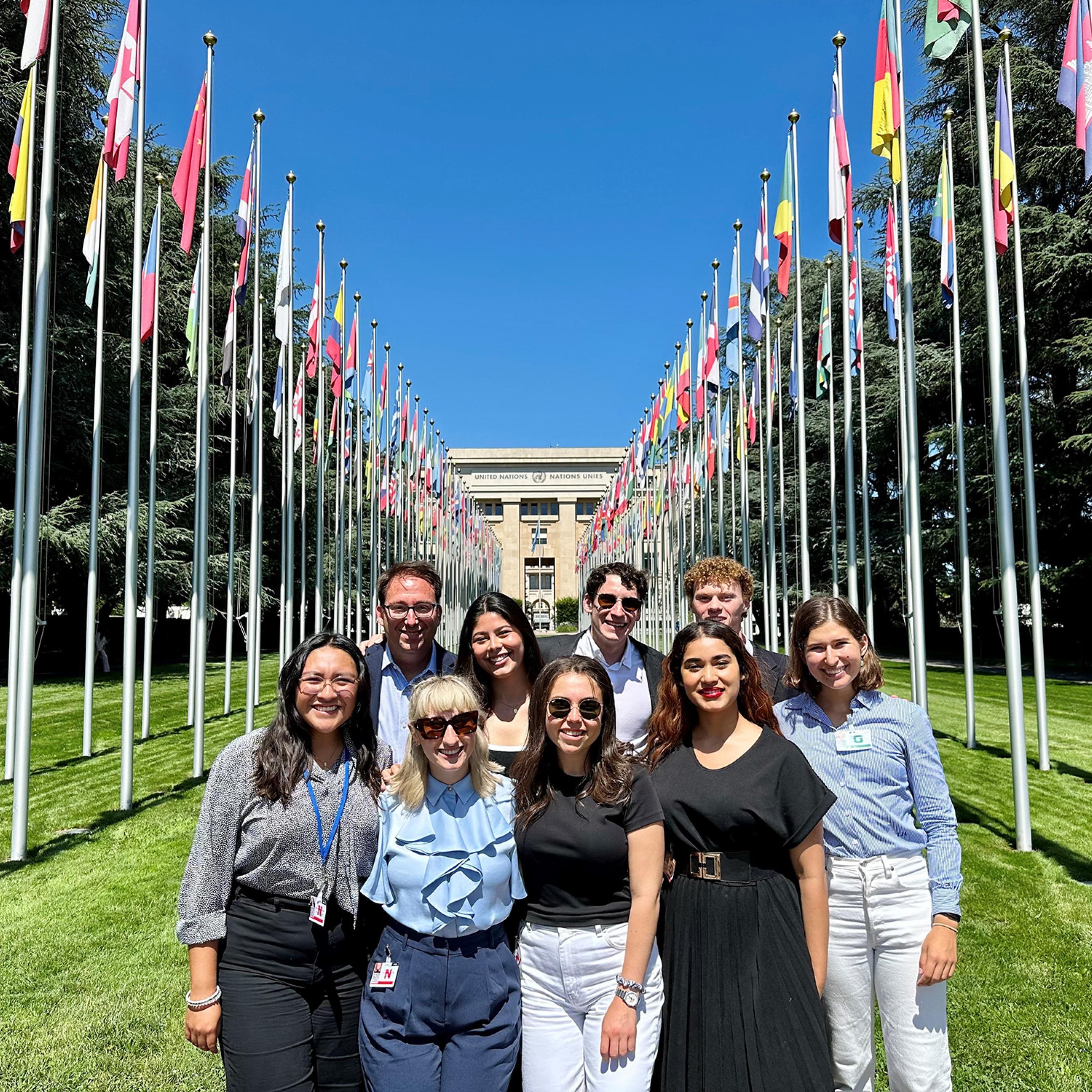 Students in front of the United Nations in Geneva