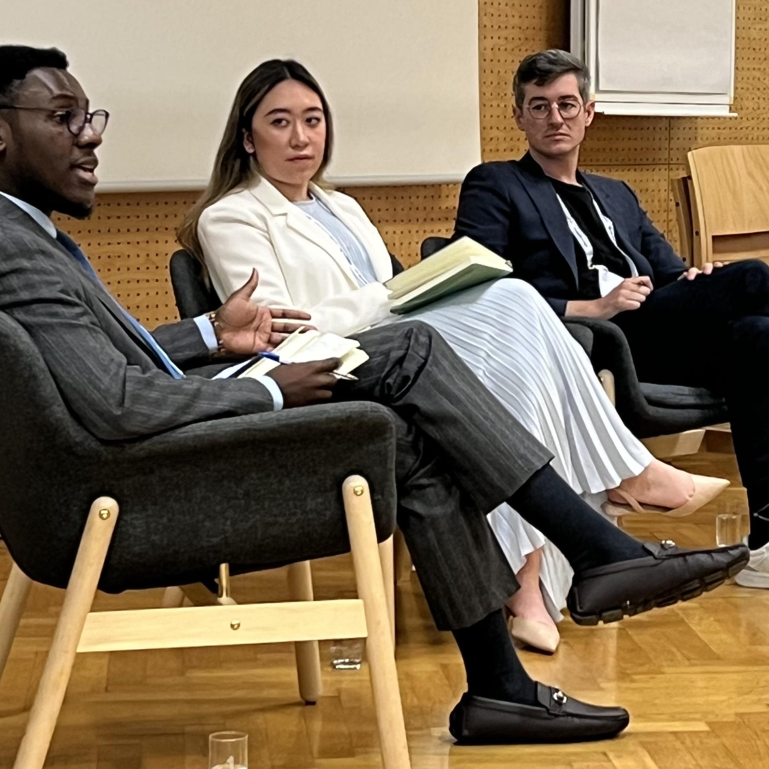 Tevin Singei ’25, Alexandra Hanna Wong ’25, and Jonathan Barry MPA hosting a panel discussion on security at the European Forum Alpbach
