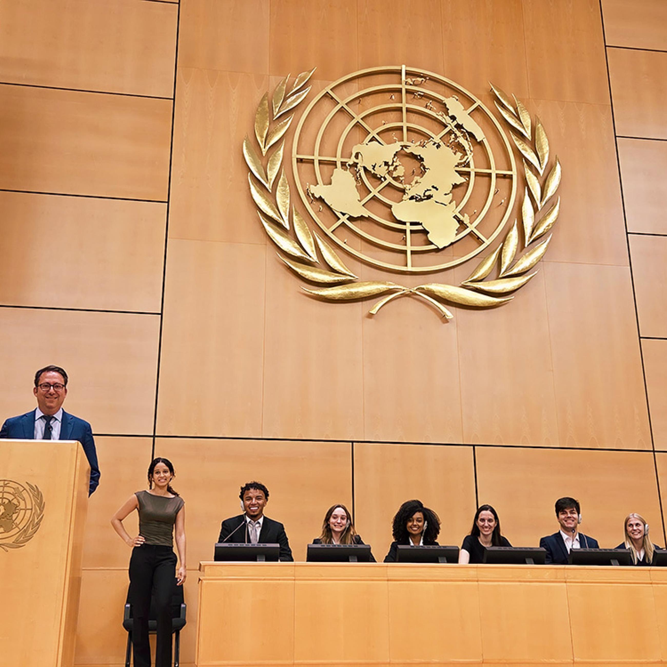 Udi Ofer and students inside Palais des Nations