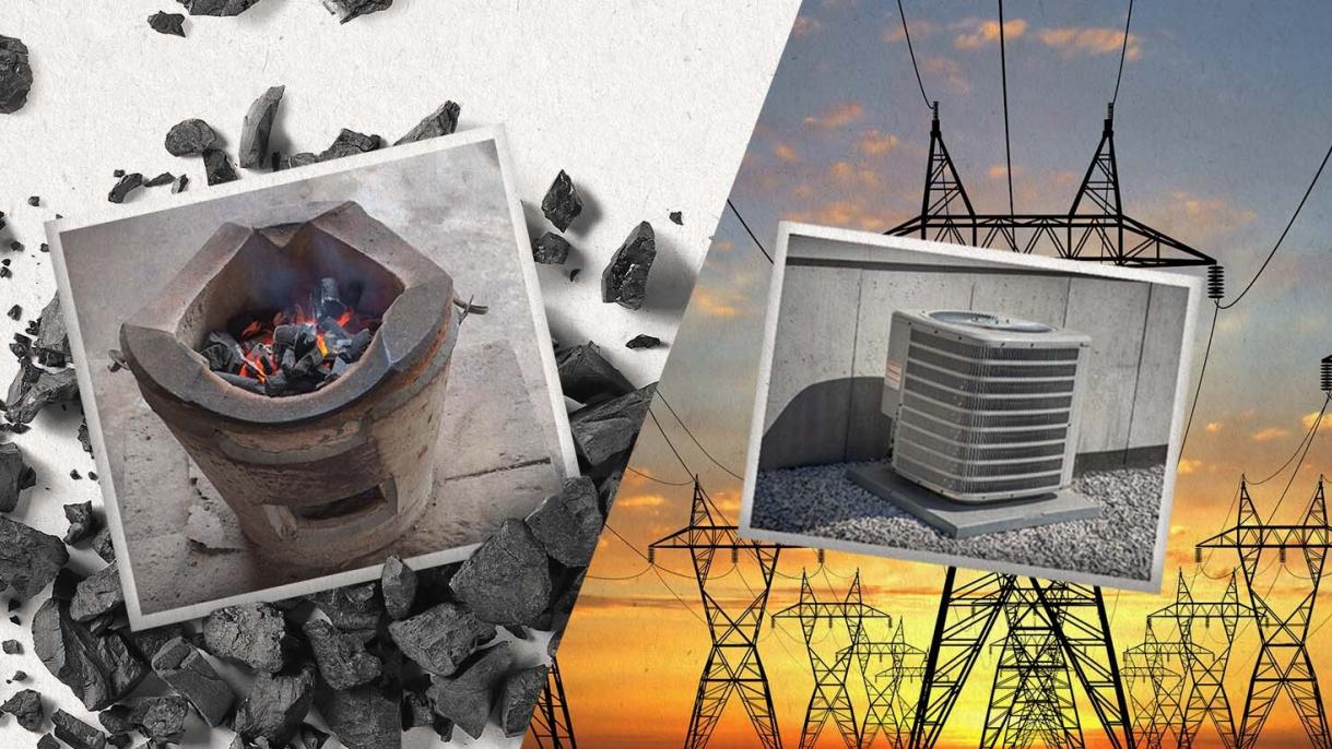 coal stove and heat pump imposed over coal and highway