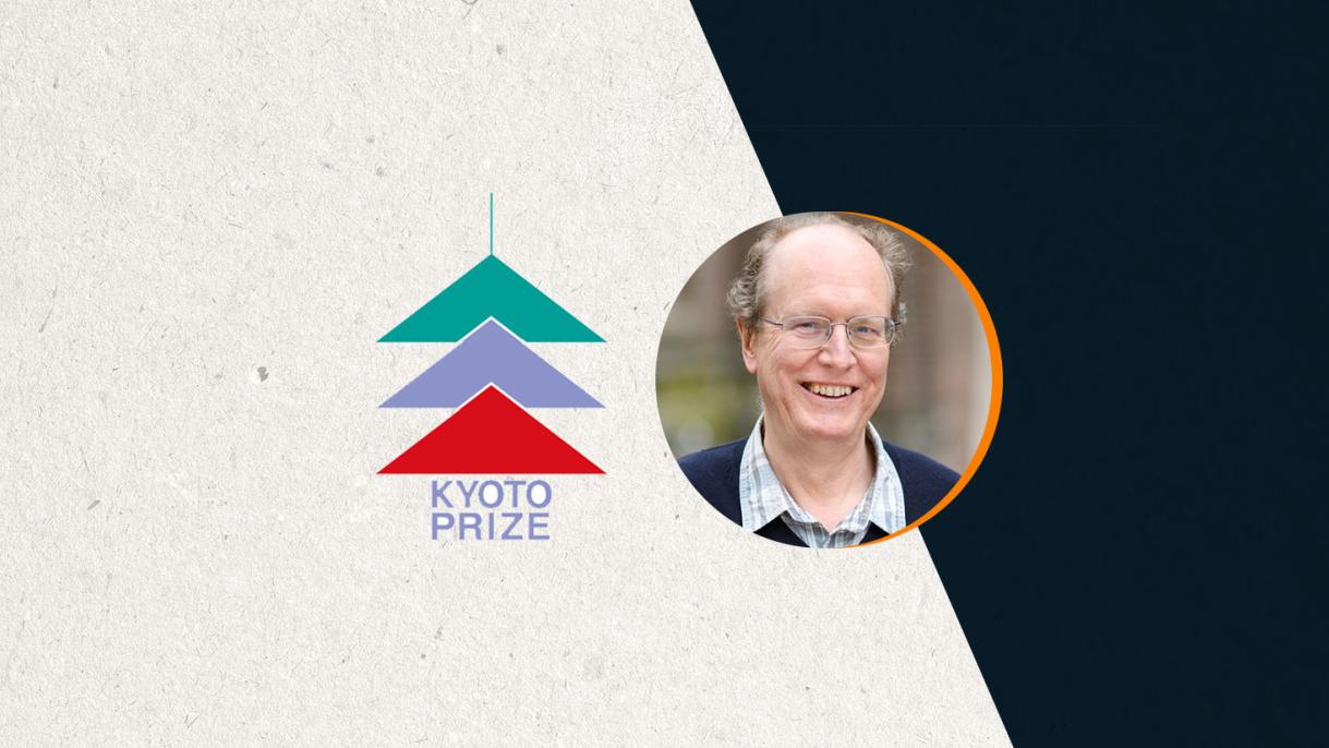 A photo of Bryan Grenfell beside a logo of the Kyoto Prize award