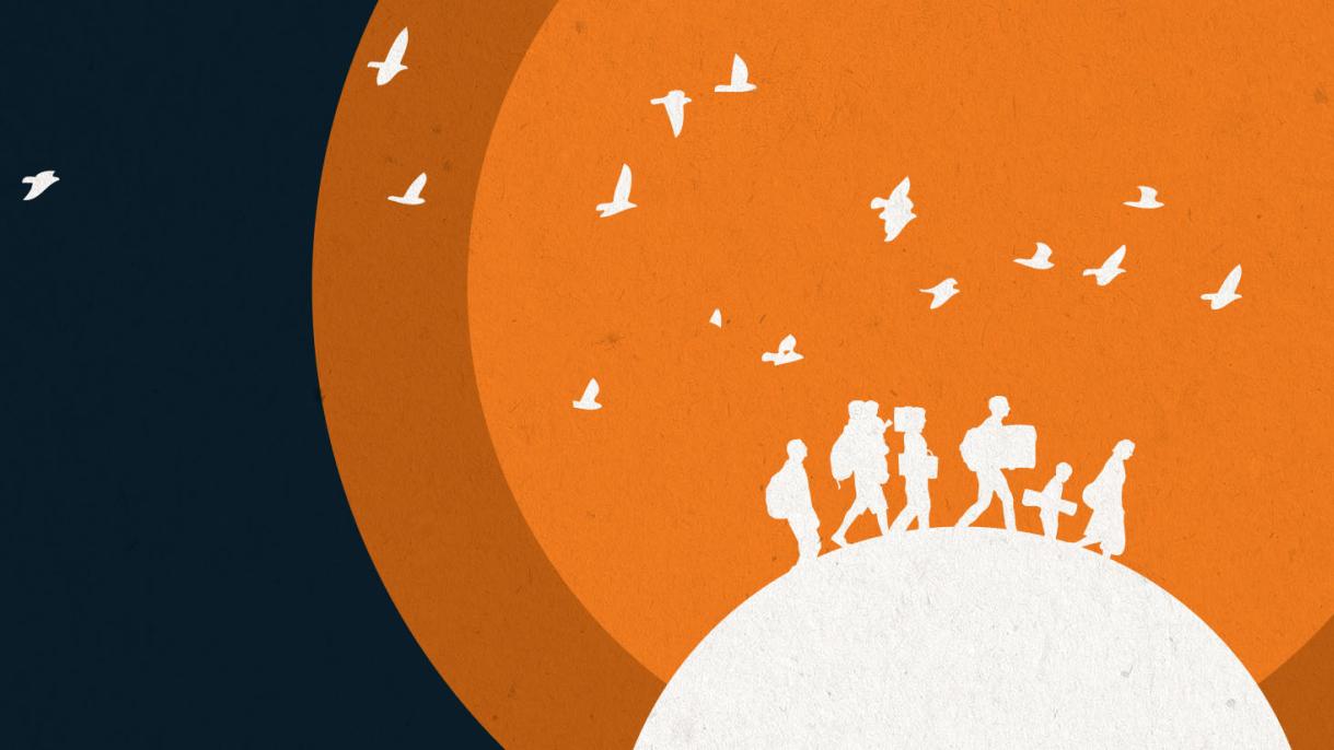 World Refugee Day graphic in orange, black and white