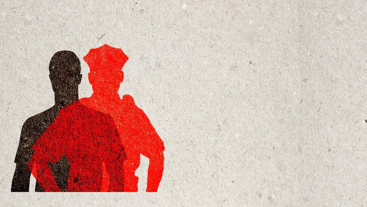 hero header with shadow of a person in black and shadow of police officer in red