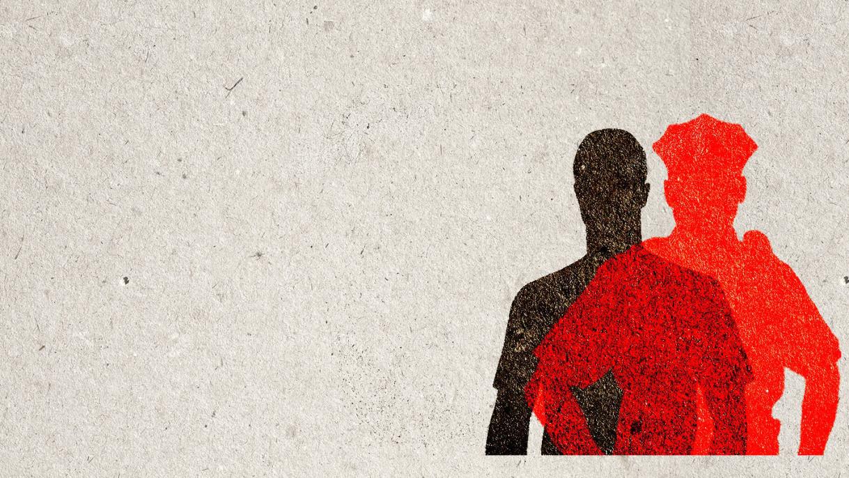 hero header with shadow of a person in black and shadow of police officer in red