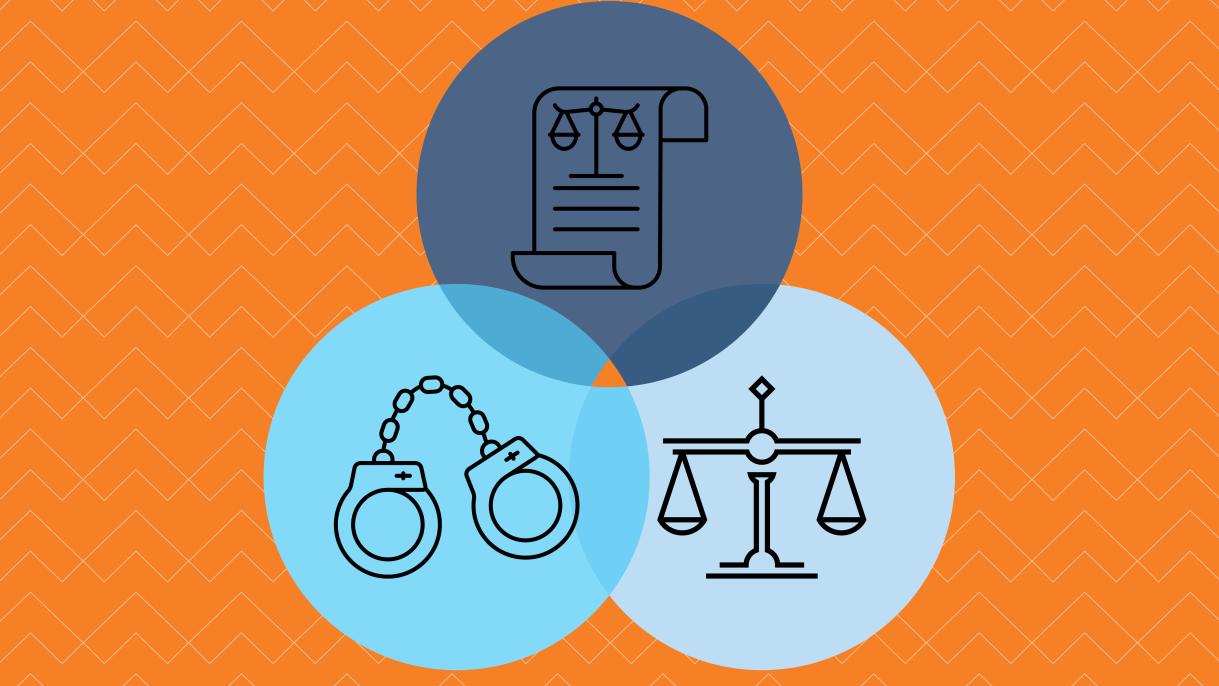 Icons of handcuffs, scroll paper and justice symbol with an orange background