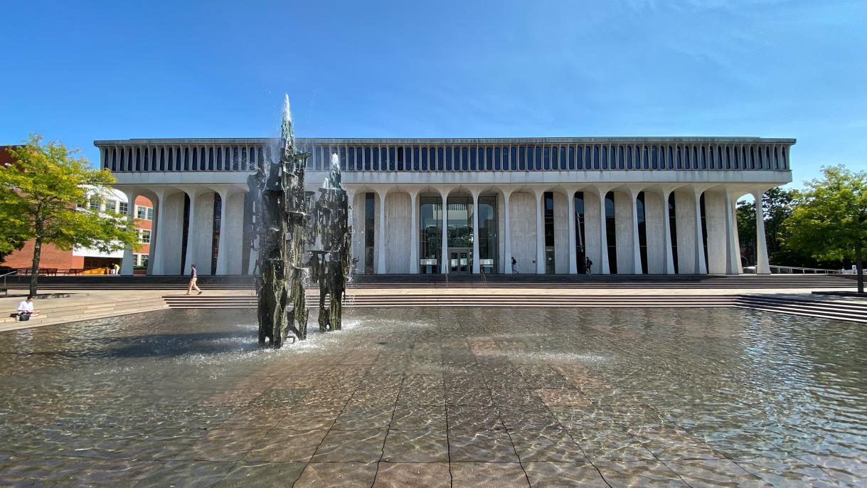 Robertson Hall with Freedom Fountain in foreground