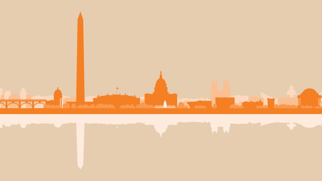 outline of Washington DC monuments and buildings in orange and beige