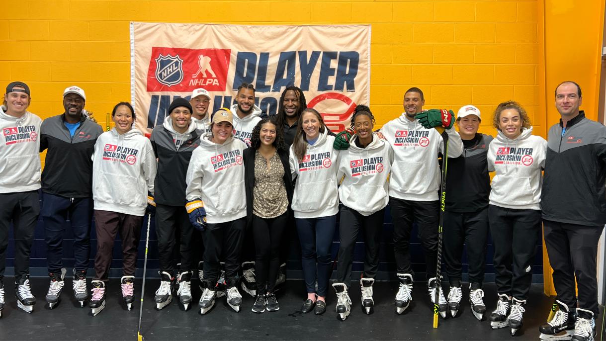 Melissa Parnagian (front, center) with NHL Player Inclusion Coalition. Photo Credit: Melissa Parnagian