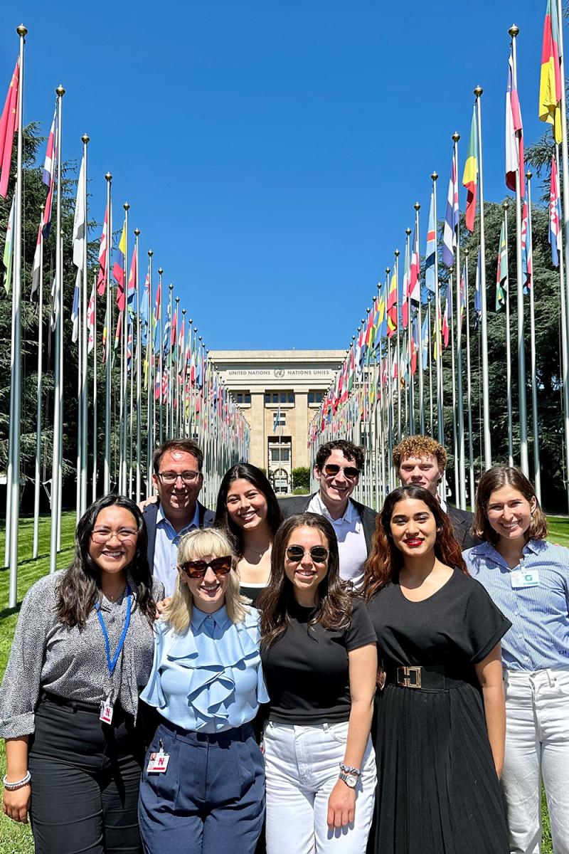 Students in front of the United Nations in Geneva