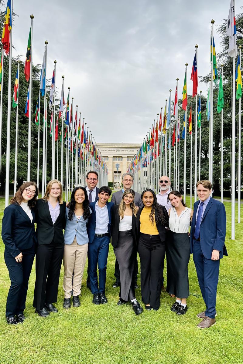 SPIA students in Front of Palais des Nations in Geneva with Udi Ofer and Paul Lipton