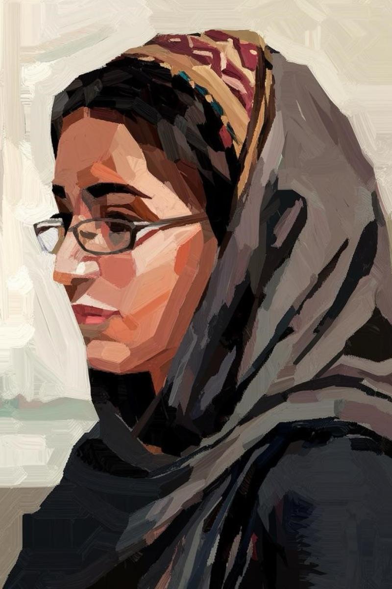 Drawing of Aarzo, person with glasses and head scarf